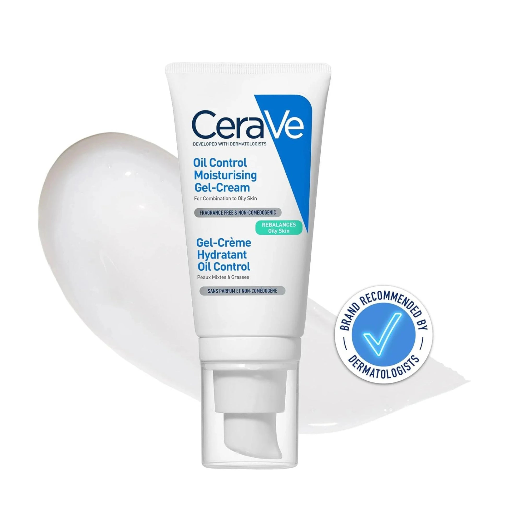 CeraVe oil control moisturizing gel-cream with a dermatologist endorsement badge on a white background