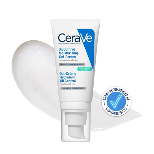 CeraVe oil control moisturizing gel-cream with a dermatologist endorsement badge on a white background