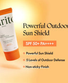 Purito sunscreen tube with product details on an orange gradient background