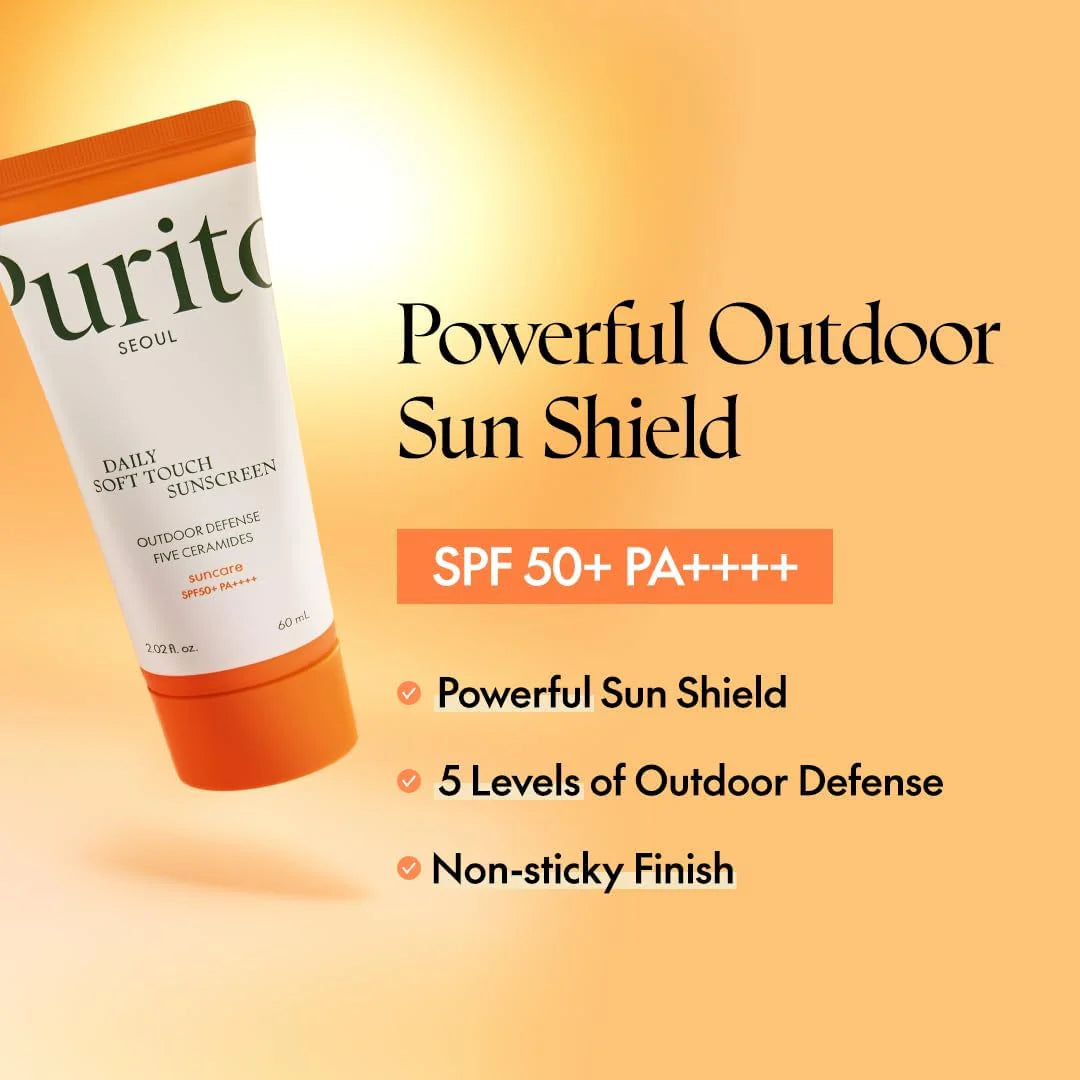 Purito sunscreen tube with product details on an orange gradient background
