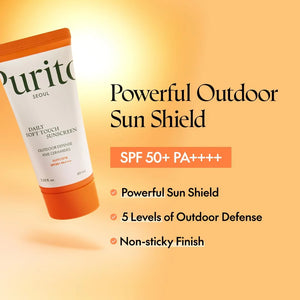 Purito sunscreen tube with product details on an orange gradient background