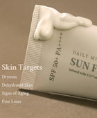 Sunscreen bottle with text on a beige background