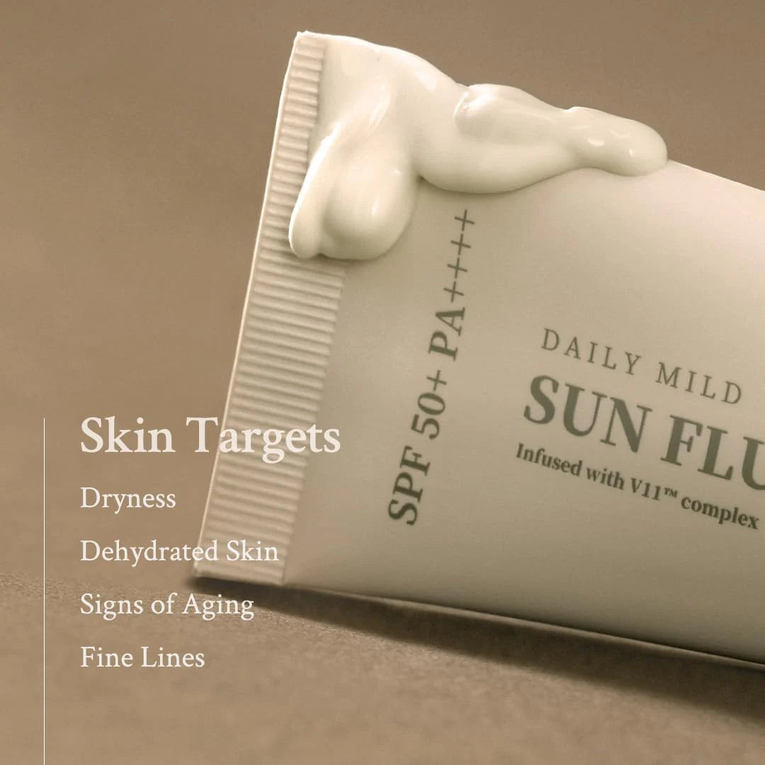 Sunscreen bottle with text on a beige background