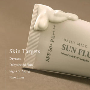 Sunscreen bottle with text on a beige background