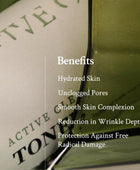 Skincare product packaging with text listing benefits on a green background