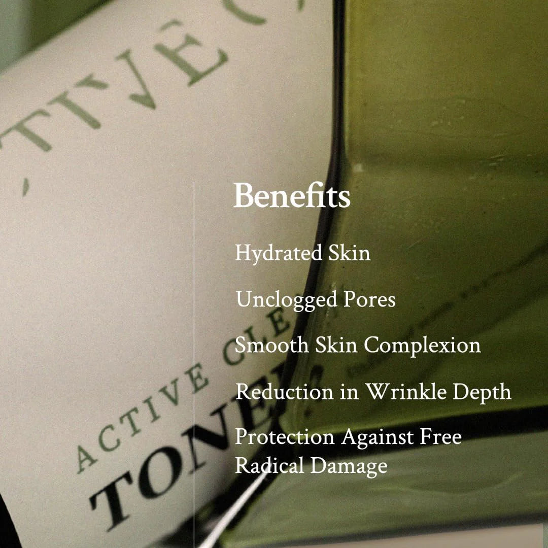 Skincare product packaging with text listing benefits on a green background