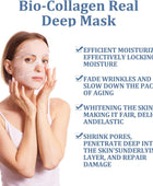 Woman wearing a Bio-Collagen Real Deep Mask with product benefits listed on a white background