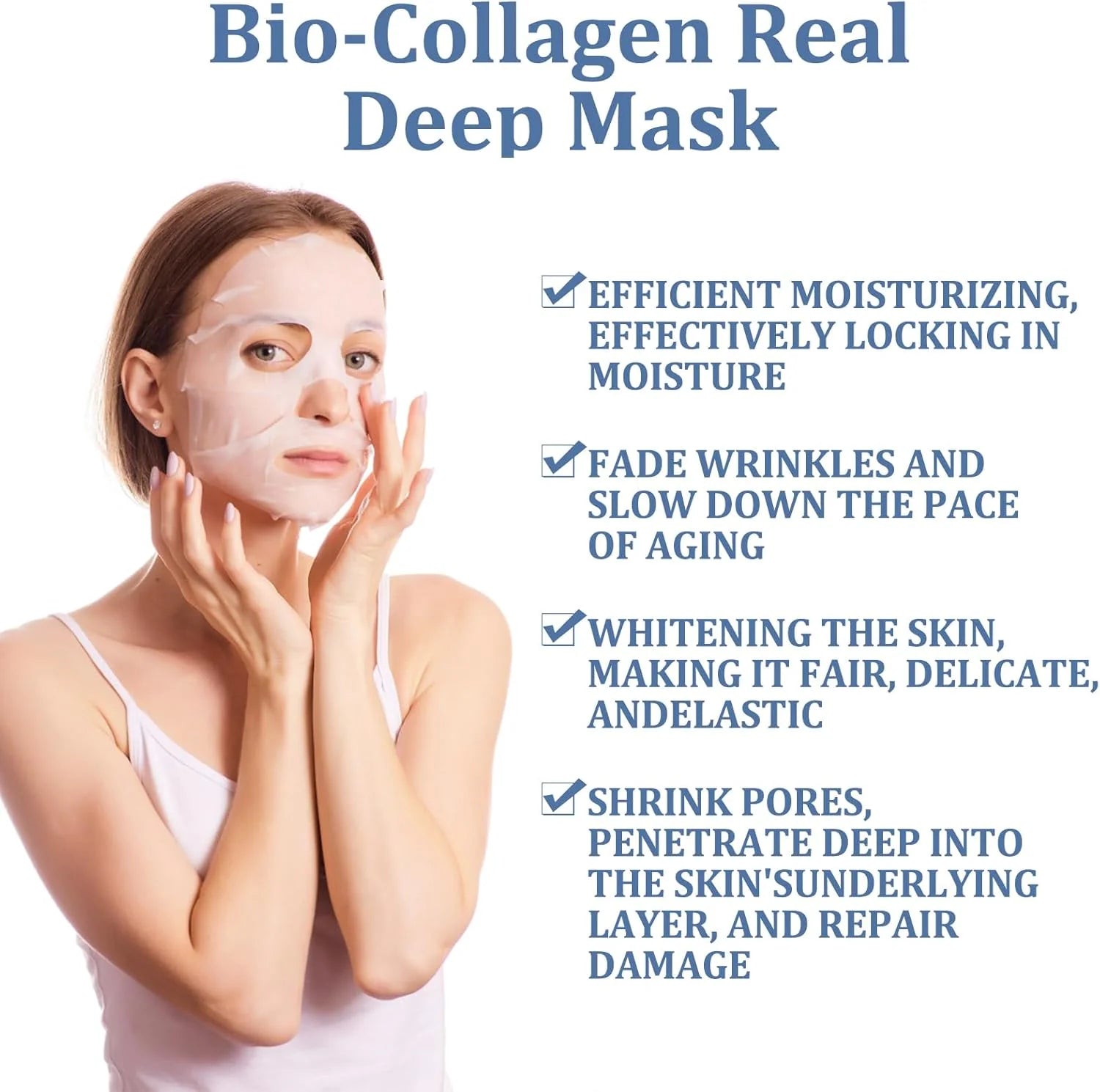 Woman wearing a Bio-Collagen Real Deep Mask with product benefits listed on a white background