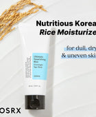 COSRX Nutritious Korean Rice Moisturizer tube on a white background with text about skin conditions.