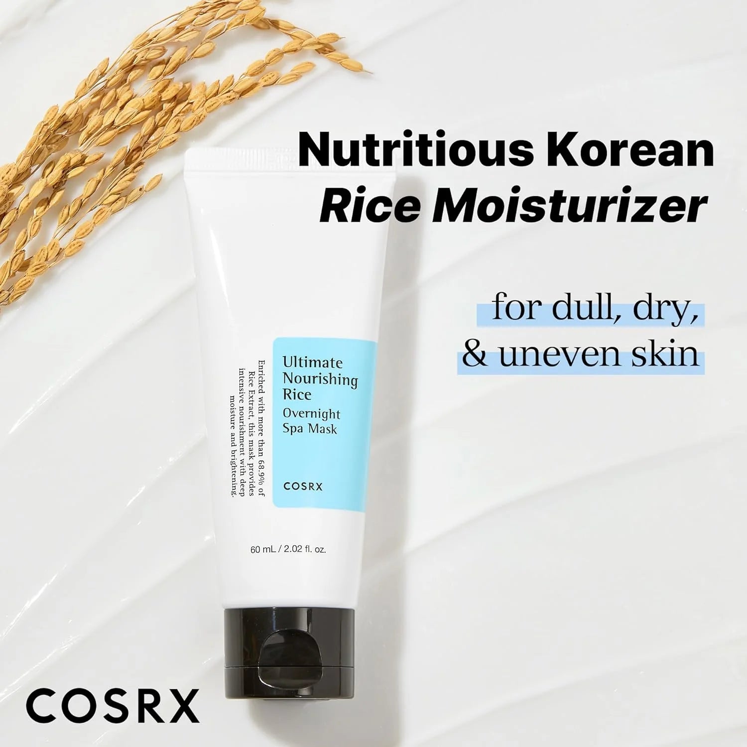 COSRX Nutritious Korean Rice Moisturizer tube on a white background with text about skin conditions.
