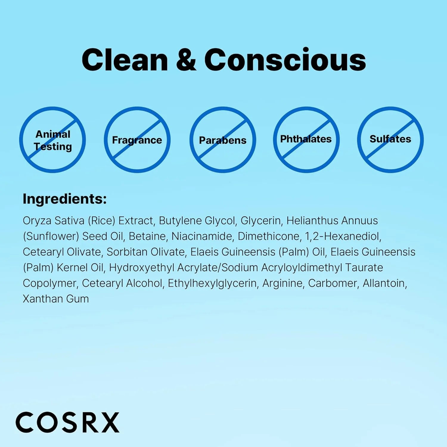 Cosrx product with ingredient list on a blue background