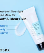 Cosrx leave-on overnight rice mask on a blue background with text highlighting benefits.