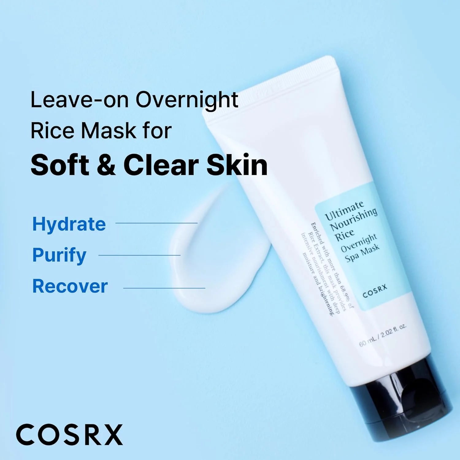 Cosrx leave-on overnight rice mask on a blue background with text highlighting benefits.