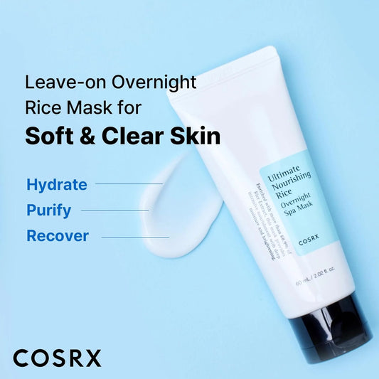 Cosrx leave-on overnight rice mask on a blue background with text highlighting benefits.