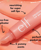 e.l.f. Squeeze Me Lip Balm with features highlighted on a pink background