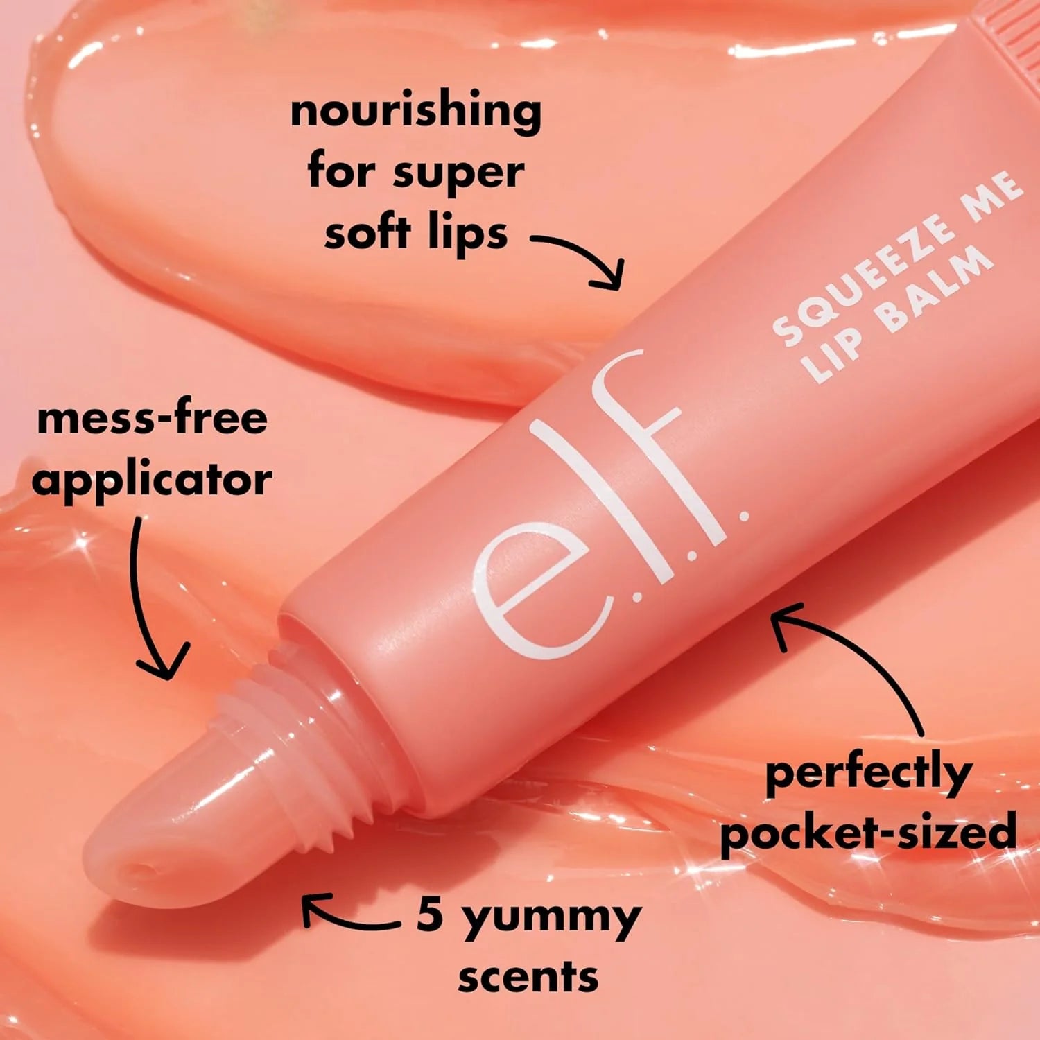 e.l.f. Squeeze Me Lip Balm with features highlighted on a pink background