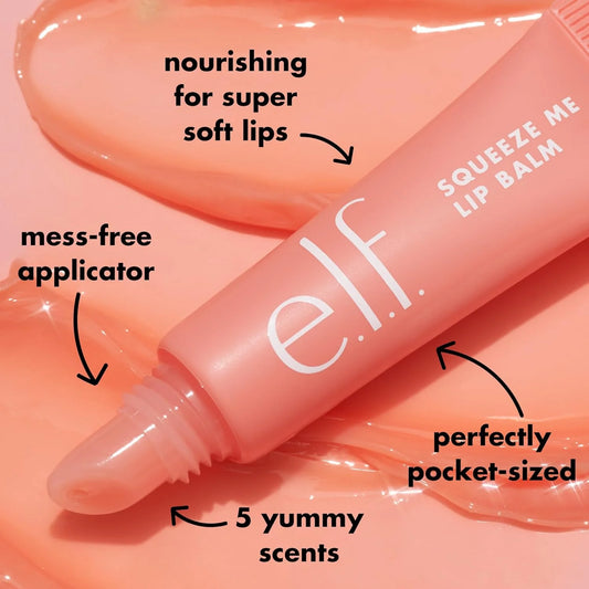 e.l.f. Squeeze Me Lip Balm with features highlighted on a pink background