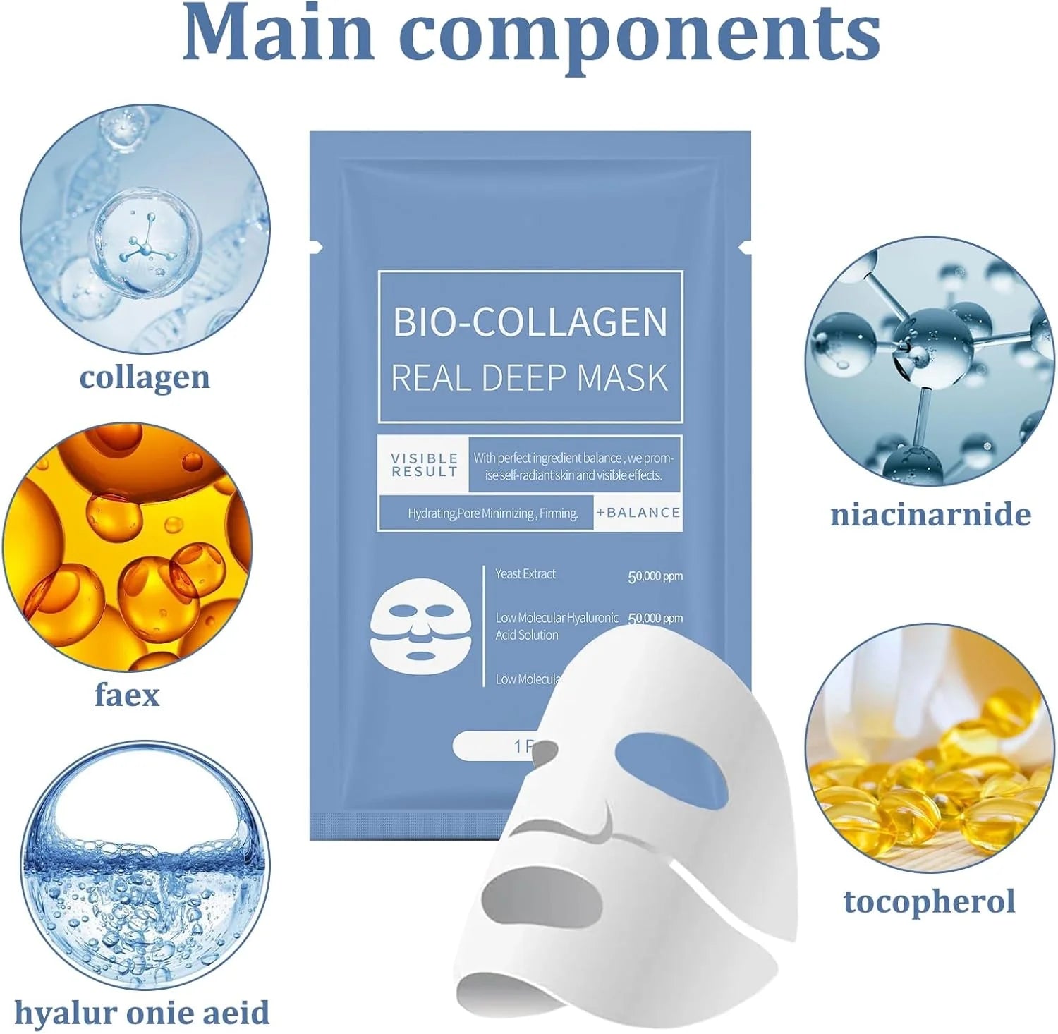 Bio-Collagen Real Deep Mask with ingredients displayed around it