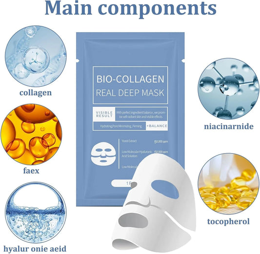 Bio-Collagen Real Deep Mask with ingredients displayed around it