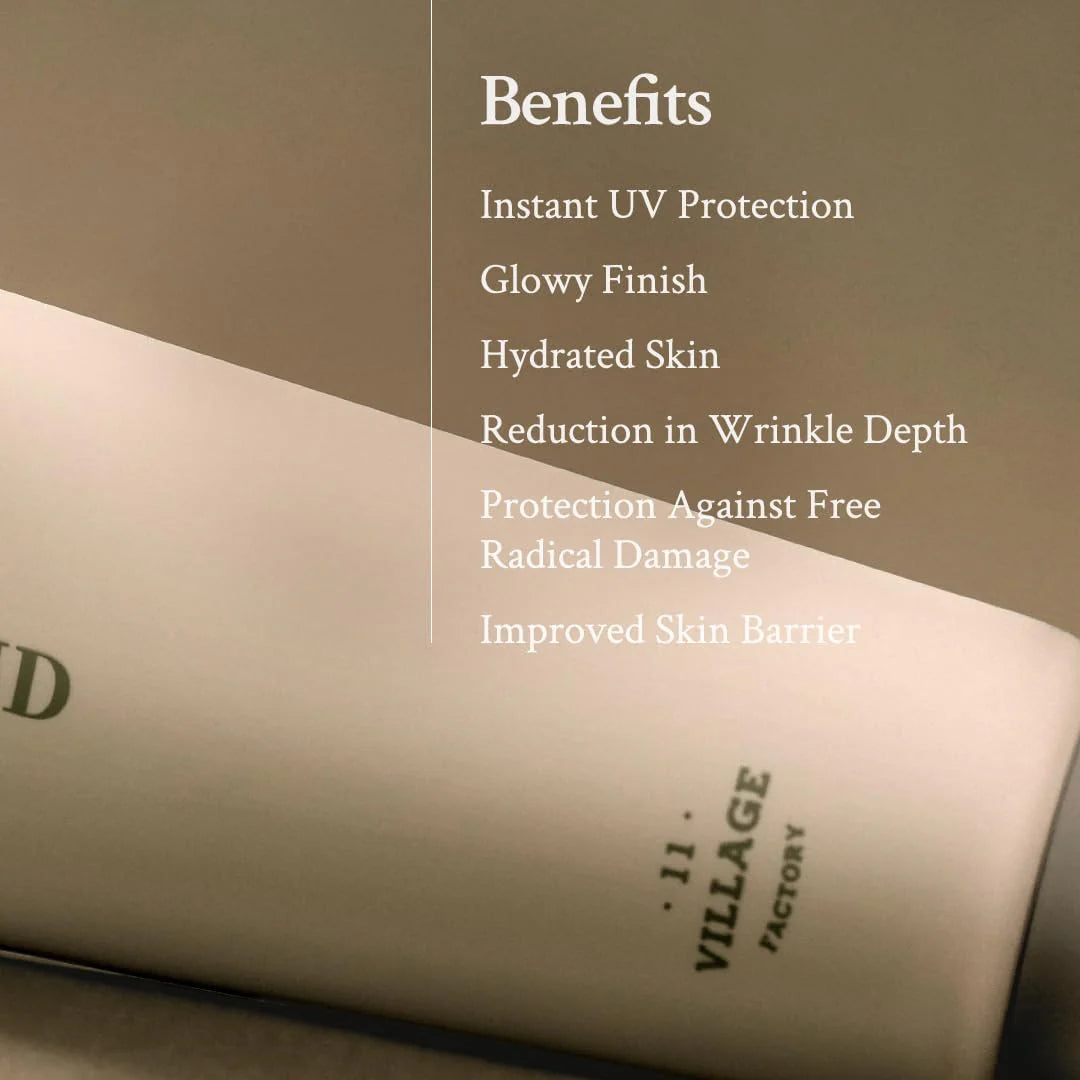 Skincare product with benefits listed on a beige background