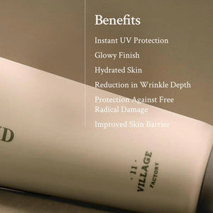 Skincare product with benefits listed on a beige background
