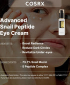 COSRX Advanced Snail Peptide Eye Cream advertisement with product and benefits listed.
