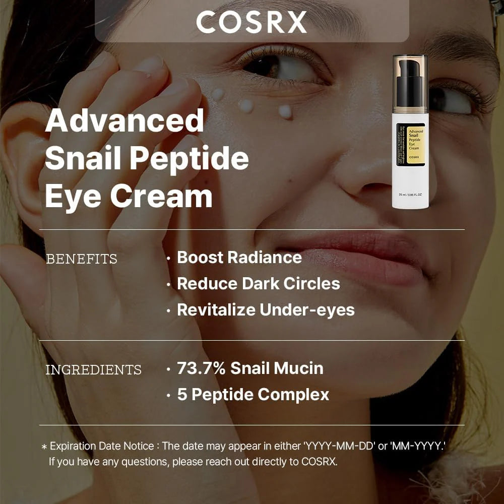 COSRX Advanced Snail Peptide Eye Cream advertisement with product and benefits listed.