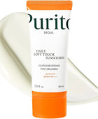 Purito Daily Soft Touch Sunscreen with orange cap and white label on a white background
