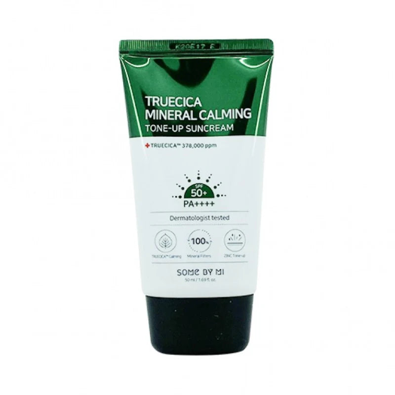 Tube of Truecica Mineral Calming Tone-Up Suncream on a white background