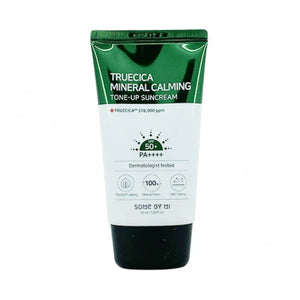 Tube of Truecica Mineral Calming Tone-Up Suncream on a white background